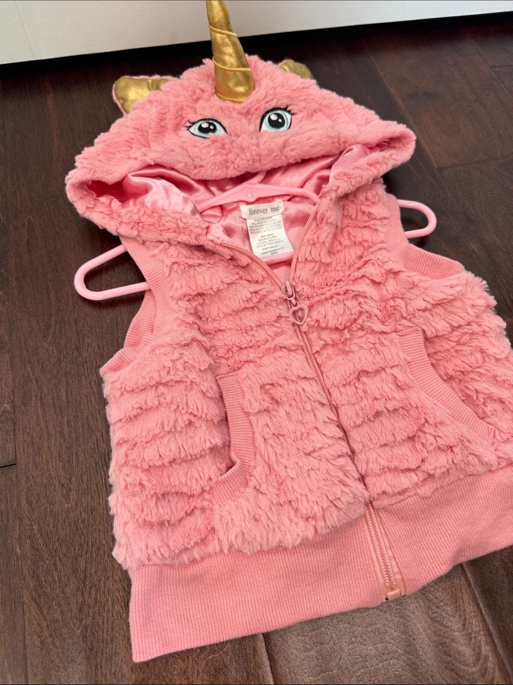Unicorn Hood Faux Fur Pink Vest Toddler Girls Heart Zipper, Super Soft, 3T